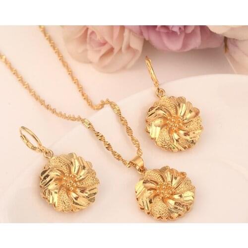 Bangrui Ethiopian Gold Color Flower set Jewelry Pendant Chain Earrings African Bride Wedding Flower Bijoux