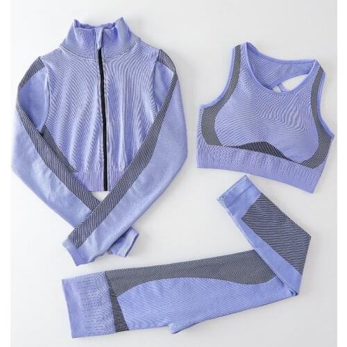 Seamless Yoga Sets 3 Pieces Gym Clothing Female Sport Fitness Suits Women Sportswear Long Sleeve Zipper Top +tights+bra Gym Sets