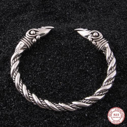 S925 Sterling Silver Norse Viking rune Raven Bangle with wood box as men or women gift