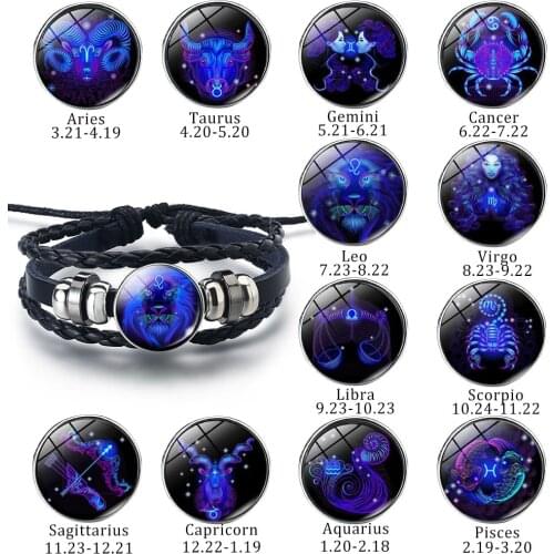 12 Constellation Gemini Cancer Leo Virgo Libra Scorpio Black Leather Bracelet Zodiac Glass Cabochon Bracelet for Men Women 2019