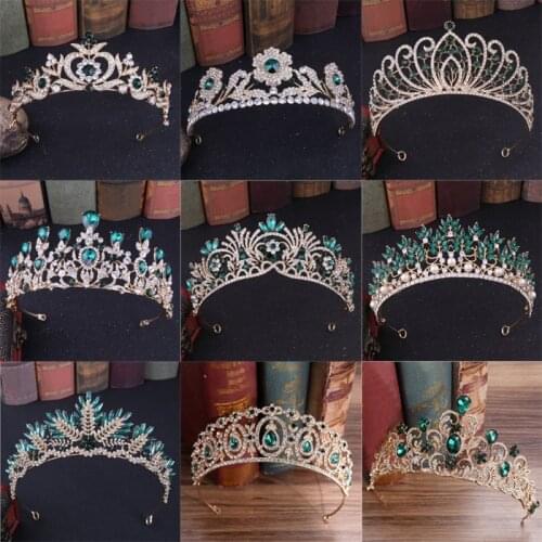 Women girls European Green Crystal Tiaras Vintage Rhinestone Pageant Crown Baroque Bridal Wedding Hair Jewelry Accessories Gift