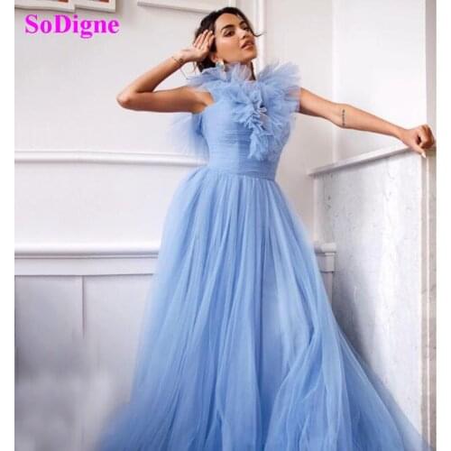 SoDigne 2021 New Tulle A Line Long Prom Dresses High Neck Ruffle Elegant Formal Gown Princess Wedding Party Gown Custom made