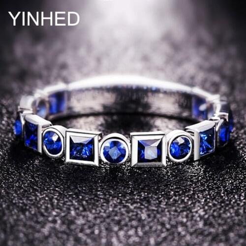 YINHED Simple Single Row Blue Crystal Finger Ring Original 925 Sterling Silver Wedding Rngs for Women Birthday Gift ZR647