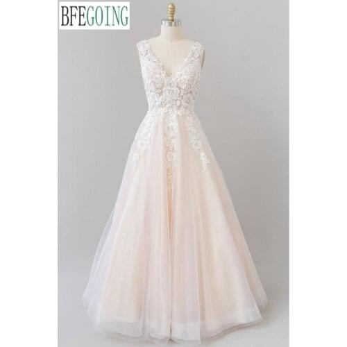 Champagne Tulle Lace V-Neck Sleeveless Floor-Length A-Line Wedding Dresses Custom Made Bridal Gowns