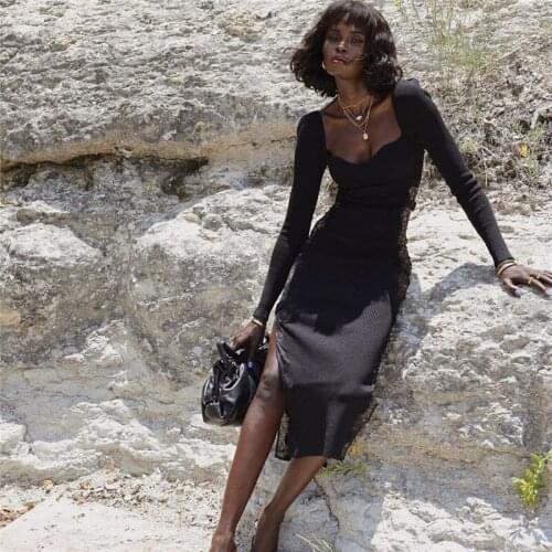 Fashion Autumn Winter Midi Bandage Dress Long Sleeve Strapless Knitted Slim Clothes New Lace Patchwork Elegant Party Club Dress