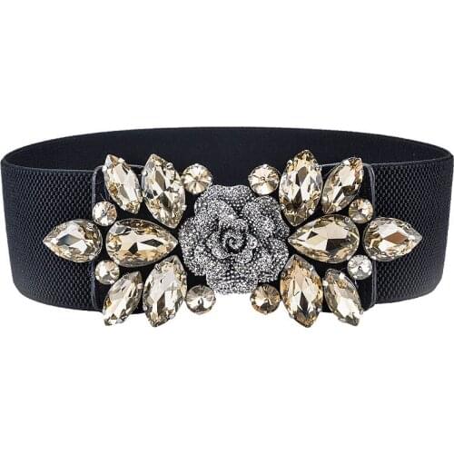 2020 New Women Crystal Waist Cover 63- 77cm Rose Elastic Wide Dress Decorative Belt Versatile Windbreaker Black Luxury Bright