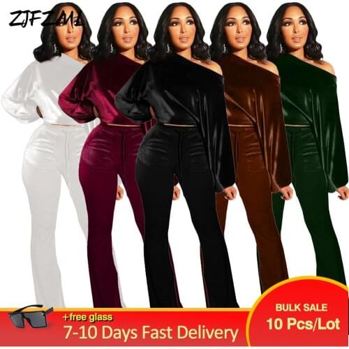 Bulk Items Wholesale Lots Womens Velvet 2 Piece Club Outfits One Shoulder Full Sleeve Crop Top+flare Bodycon Pant Sweatsuits