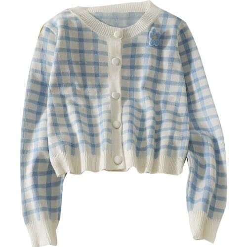Autumn loose sweet three-dimensional flower plaid long-sleeved short section O-neck sweater women