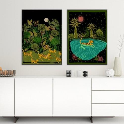 Boho Swimmer Cheetah Poster Tropical Forest Canvas Painting On The Wall Animal Jungle Leopard Tiger Picture For Kids Living Room