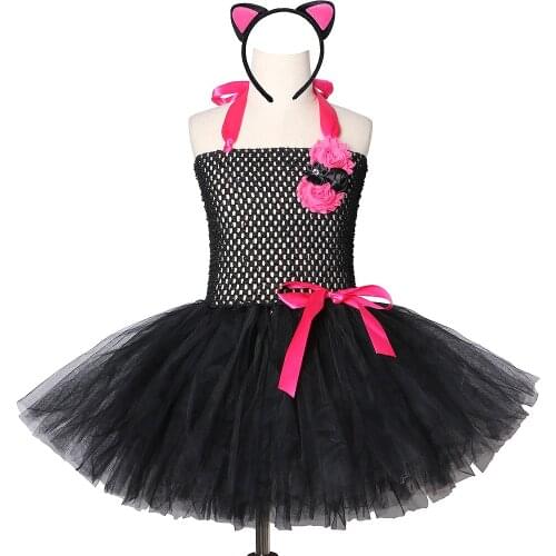 Tutu Dress Girl Pink and Black Girls Cat Tutu Dress Tulle Flowers Girl Birthday Halloween Party Costume Dress