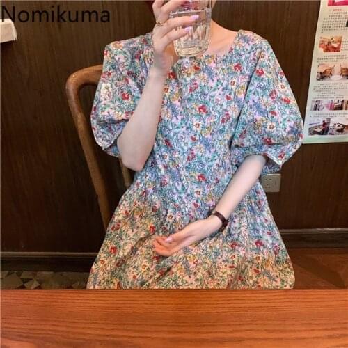 Nomikuma O Neck Puff Sleeve Dress Women Floral Printed Slim Waist Vintage Dresses Korean Fashion New Arrival Vestidos 3c181