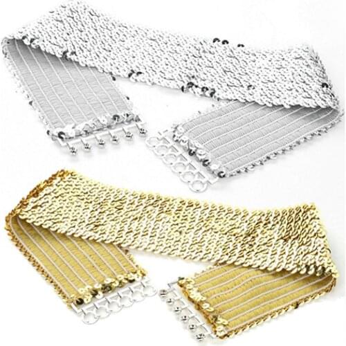 Belts Womens Cool Punk Sparkling Sequins Elastic Stretch Wide Waistband Waist Belt