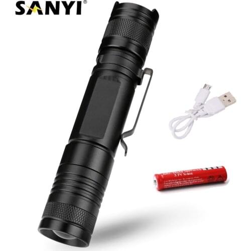 Sanyi USB Rechargeable Flashlight 5 Modes XML T6 LED Torch 18650 Tactical Flashlights Waterproof Pen Hanging With Metal Clip
