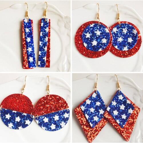 Vegan Leather Red Blue Glitter Star Earrings Geometric Rhombus Round Bar Flag Drop Earrings Independence Day Jewelry Accessories