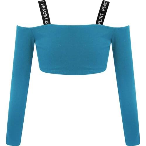Kids Girls Long Sleeve Ballet Top Dance Wear Shoulder Straps Sport Fitness Crop Top Active Workout Running Gym Tops Sports Wear