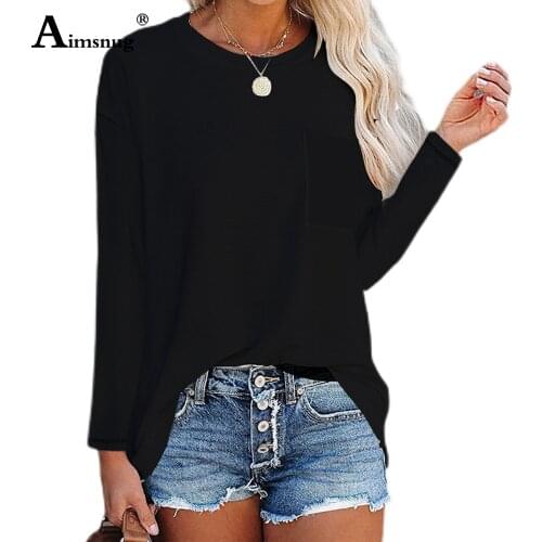Plus Size Ladies Elegant Leisure Casual T-shirt Long Sleeve Womens Top with Pocket 2021 Autumn New Tees Shirt Pullovers Femme