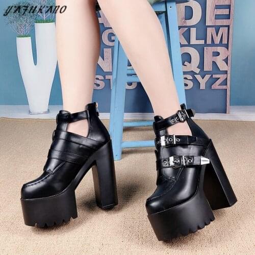 British Style Fashion White Boots 14Cm Super High Heels Retro Zipper Buckle Women Ankle Boots Square Heel Platform Rock Punk
