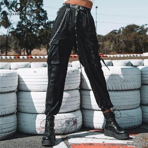 Bella Philosophy Gothic cargo women chain pocket female trousers black harajuku korean style streetwear new solid jogger pants
