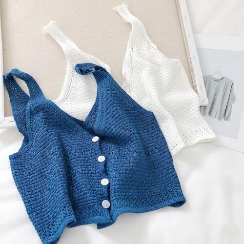 Womens Japanese small fresh V-neck single-breasted sleeveless knitted vest short cool outer strap top