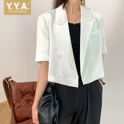 New 2021 Summer Thin Short Tops Women Short Sleeve Double Breasted Suit Jacket Casual Coat Fashion Office Ladies White Blazers