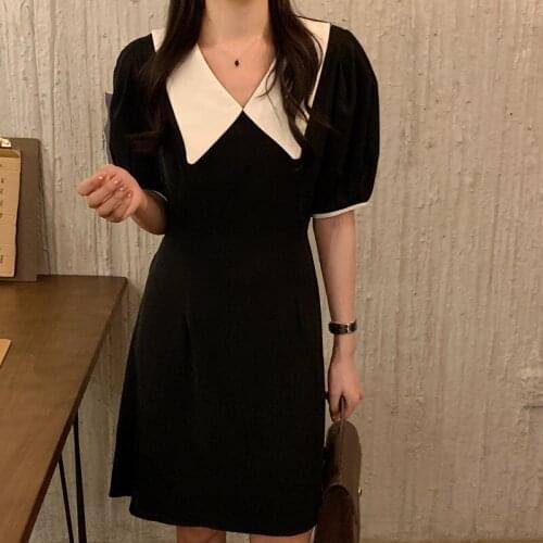 Hzirip Gentle Contrast Color Turn Down Collar Puff Sleeve Chic Fashion High Waist Ladies 2021 Summer Hot New Slim A-Line Dress
