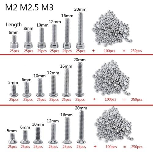 250pc/set A2 Stainless Steel M3 Cap/Button/Flat Head Screws Sets Phillips Hex Socket Bolt With Hex Nuts Assortment Kit Mayitr