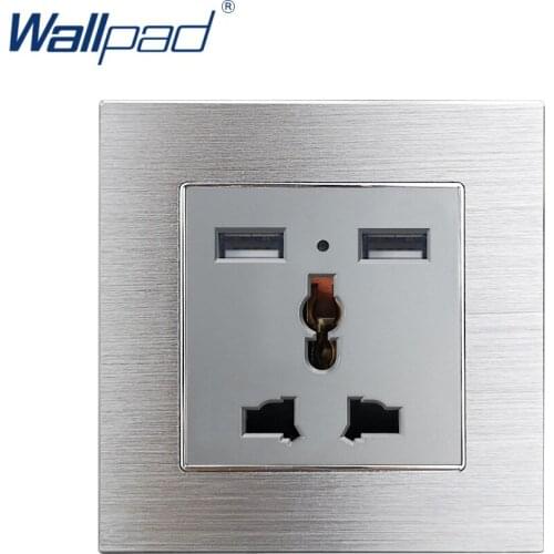 3 Pin Universal Socket With 2 Usb In The Wall Wallpad Grey Aluminum Alloy Panel USB Wall Outlet