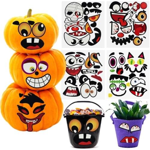4sheet Halloween Pumpkin Funny Face Sticker DIY Pumpkin Skeleton Expression Paper Stickers For Halloween Party Home Decor Props
