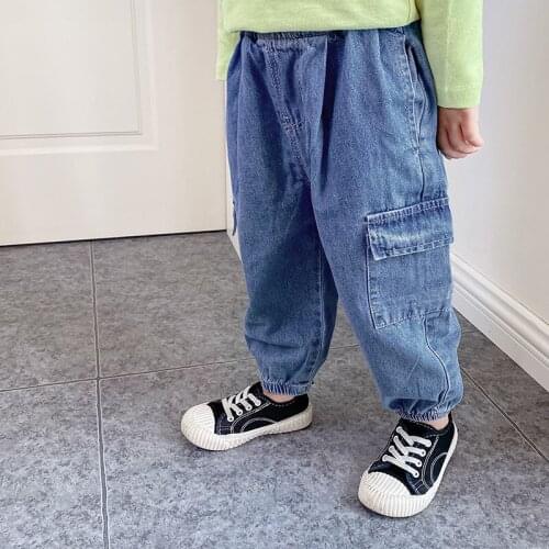 Spring Autumn New Kids Trousers Baby Boys Fashion Pockets Solid Jeans Casual Loose Denim Pants for Boys 2-7 Y Childrens Pants