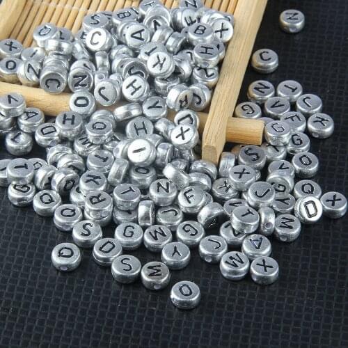 100pcs/pack 7mm Silver Color Arcylic Loose Beads DIY Beaded Round Black English Letter Bead Child Early Education Props