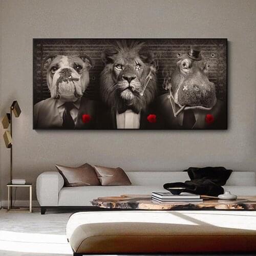 Black Wild Lion in a Suit Canvas Art Posters And Prints Abstract Lion Smoking a Cigar Canvas Paintings On the Wall Art Pictures
