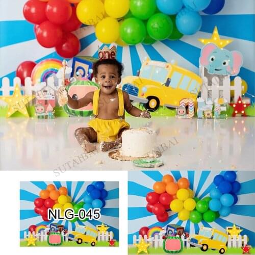 Cocomelon Family Photography Backdrops Decoration School Bus Rainbow Ballons Star Children Baby 1st Birthday Party Backgrounds