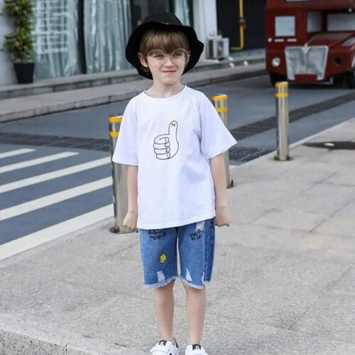 2019 summer childrens clothing sets boys fashion print T-shirt + denim shorts 2 pcs suits childrens cartoon thumb clothes