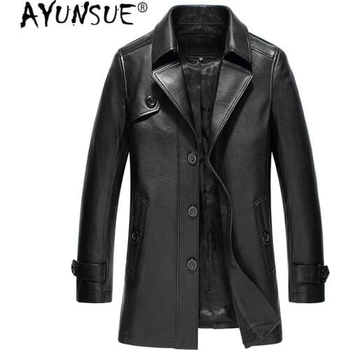 AYUNSUE Genuine Cow Leather Jacket Men Autumn Cowhide Leather Coats Men Long Windbreaker Moto Chaqueta T-17-2355 KJ1615