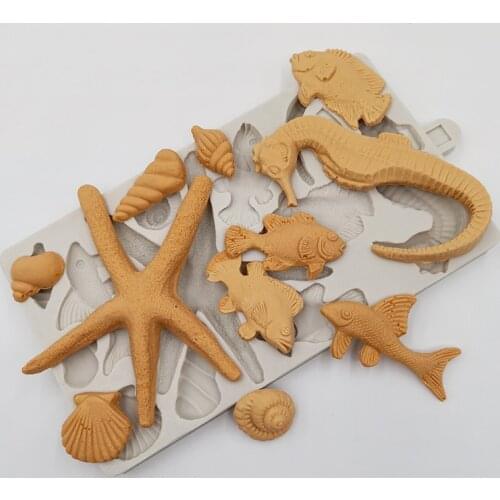 Minsunbak Starfish Hippocampus Shape Silicone Fondant Mold Small Fish Shell Conch Shape Cake Decoration Chocolate Baking Tool