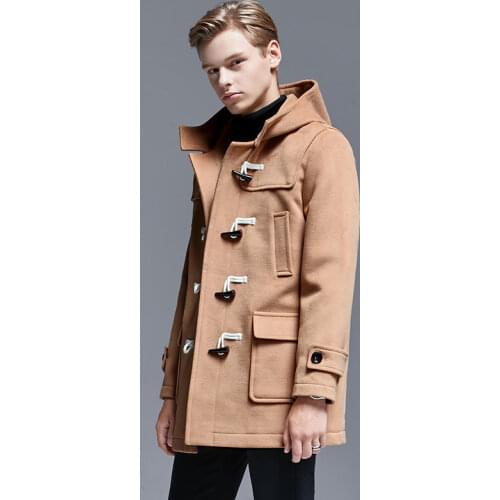 Horn Button Mens College Style Hooded Woolen Coat Thick Loose-Fit England Cashmere Wool Middle Long Mens Coats and Jackets
