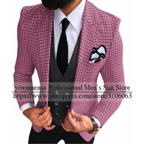 YIWUMENSA Mens Business 3 Pieces Single Breasted Check Suit Slim Fit Plaid Tuxedos Groom Wear Blazer Jacket+Vest+Pants Custom