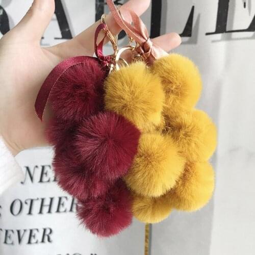New small fresh grape keychain bowknot imitation rex rabbit fur ball accessories bag plush keychain pendant
