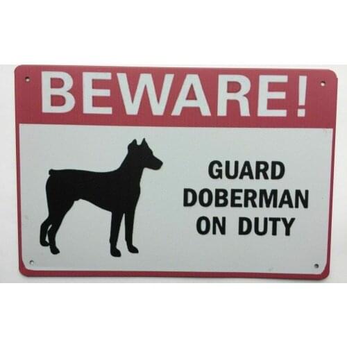 Beware Of Dog Sign Warning Protected By Doberman 12 x 8 Inch Metal Decor Metal Painting Metal Poster Metal Plaque Metal Tin Sign