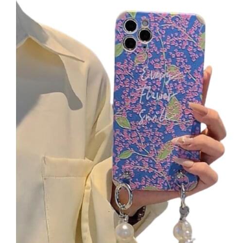 Anti-Fall Floral Phone Case With Pearl Lanyard for Iphone 7 8 X XS 11 12 Fashion Ins Popular Phone Case for Iphone 12 Pro Max