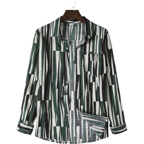 Mens Fashion Green Striped Print Shirts Lapel Chest Pocket Men Casual Cotton Long Sleeve Button Up Shirt Blouse