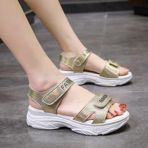 Bling Shine Sandals Female New Summer Sandals Women Shoes Woman Hook & Loop Casual Shoes Flat Platform High Heels Beach Sandals