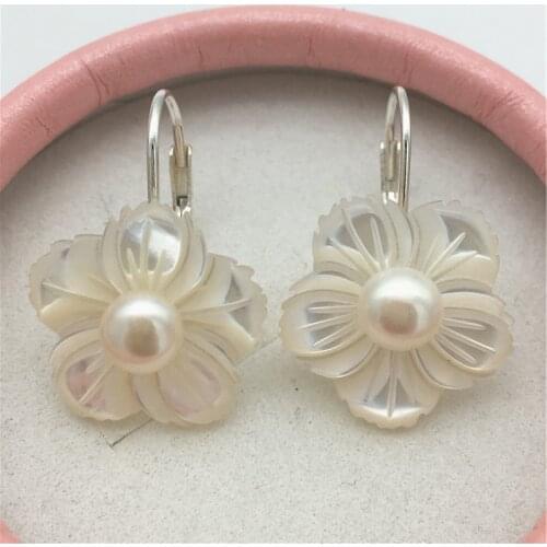 New hand carved real white shell Tibetan Silvers flower genuine pearl woman gift fashion Jewelry drop earring 15MM