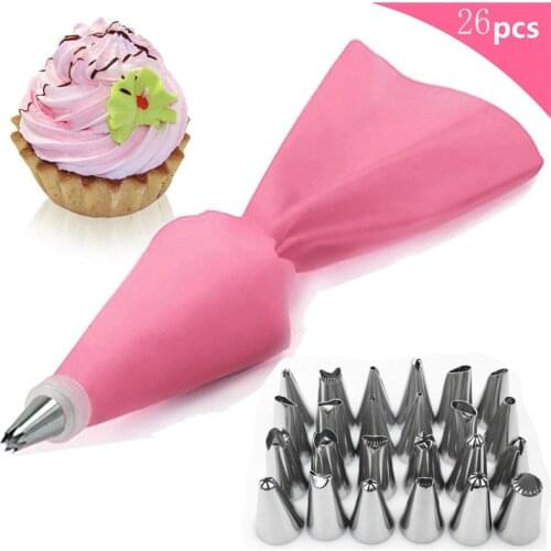 26Pcs/Set Silicone Pastry Bag Tips Kitchen Cake Icing Piping Cream Cake Decorating Tools Reusable Pastry Bags+24 Nozzle Set