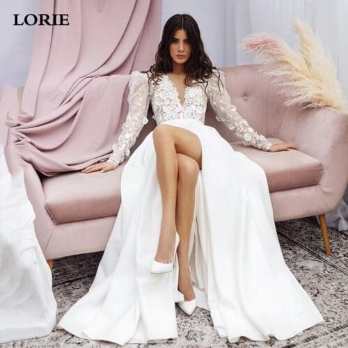 LORIE A Line Lace Wedding Dress Long Sleeve Split 3D Flowers Bridal Dress Satin V Neck ivory Vestido de noiva Wedding Gow