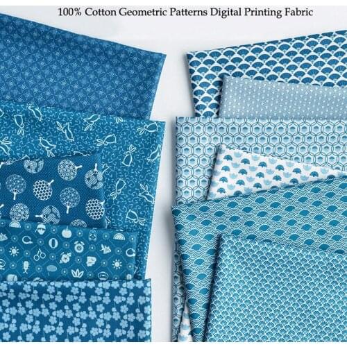 Digital Print Japanese Style Blue Geometric Patterns Wave Flower 100% Cotton Fabric For DIY Clothes Manual Craft Quilt Bag Decor