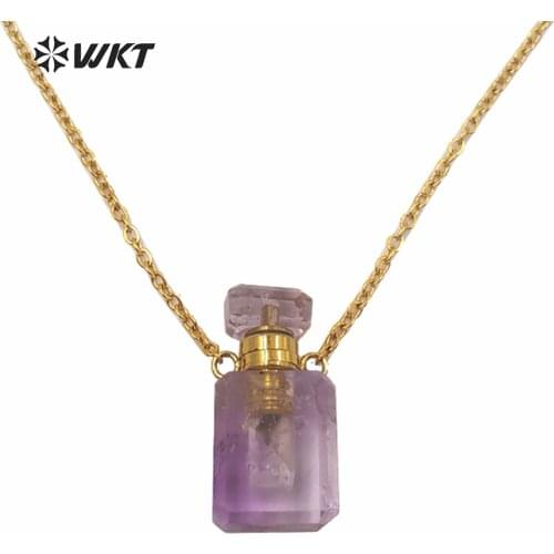 WT-N1239 Amazing gold electroplated mini cabochon faceted natural stone perfume bottle necklace women hot essencil oil necklace