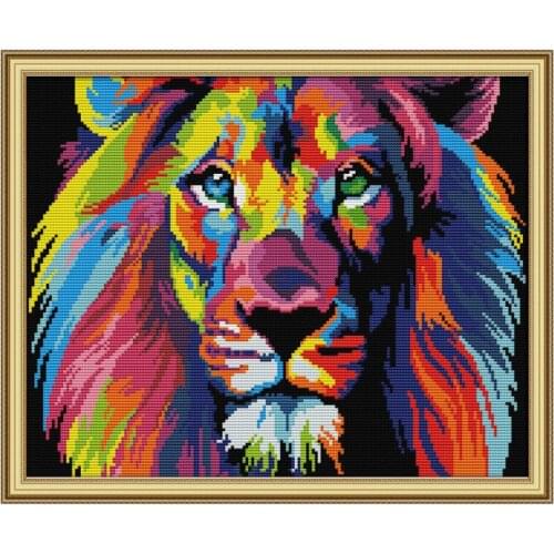 Y1UU Colorful Lion DIY Handmade Needlework Counted 14CT Printed Cross Stitch Embroidery Kit Set Home Decoration