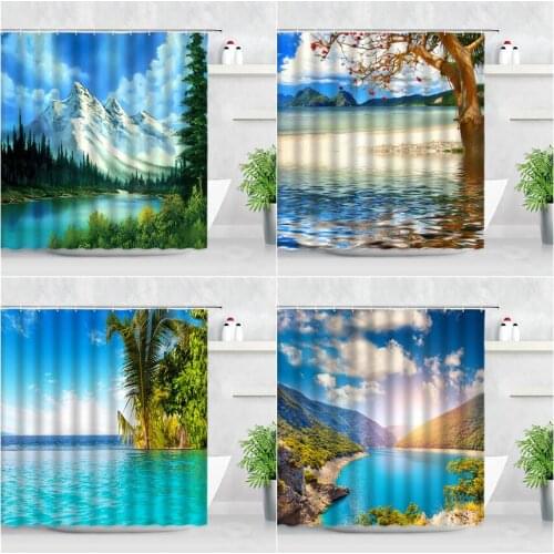 Mountain Water Natural Landscape Shower Curtains Forest Green Plants Ocean Rural Scenery Waterproof Home Bathroom Decor Curtain
