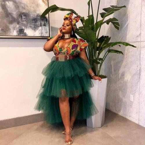 Trendy Hi Low Formal Skirt Green Tiered Ruffle Tulle Skirts Womens Asymmetrical Plus Size Party Skirt Custom Made Any Colors